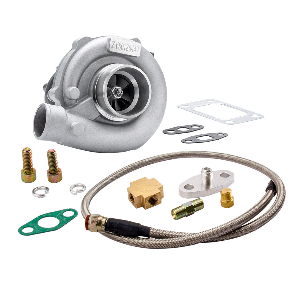 T04E T3 / T4 .63A / R 57 Trim Turbo compatible for Charger 400+ HP Boost y juntas de líneas de alimentación de aceite