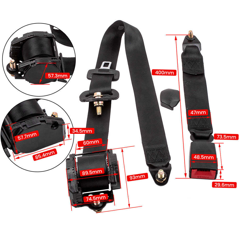 Universal 3 Point Inertia Seats Belt Kit Car Truck Adjustable Safety Belts black