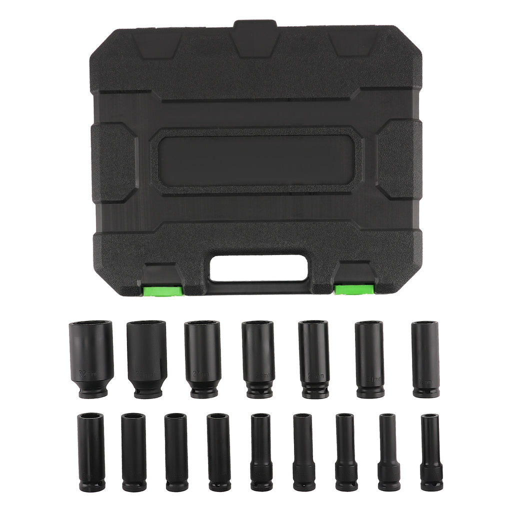 1/2 Drive Deep Socket Set 16 Pieces 10-32MM 12 Point Impact Metric CR-V