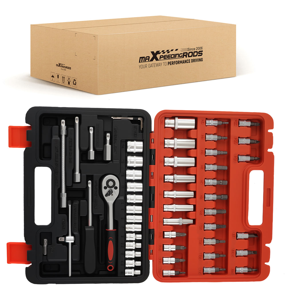 1/4 Drive 53PC Socket Set Metric Ratchet Bit Wrench Tool Kit Carbon Steel 6PT