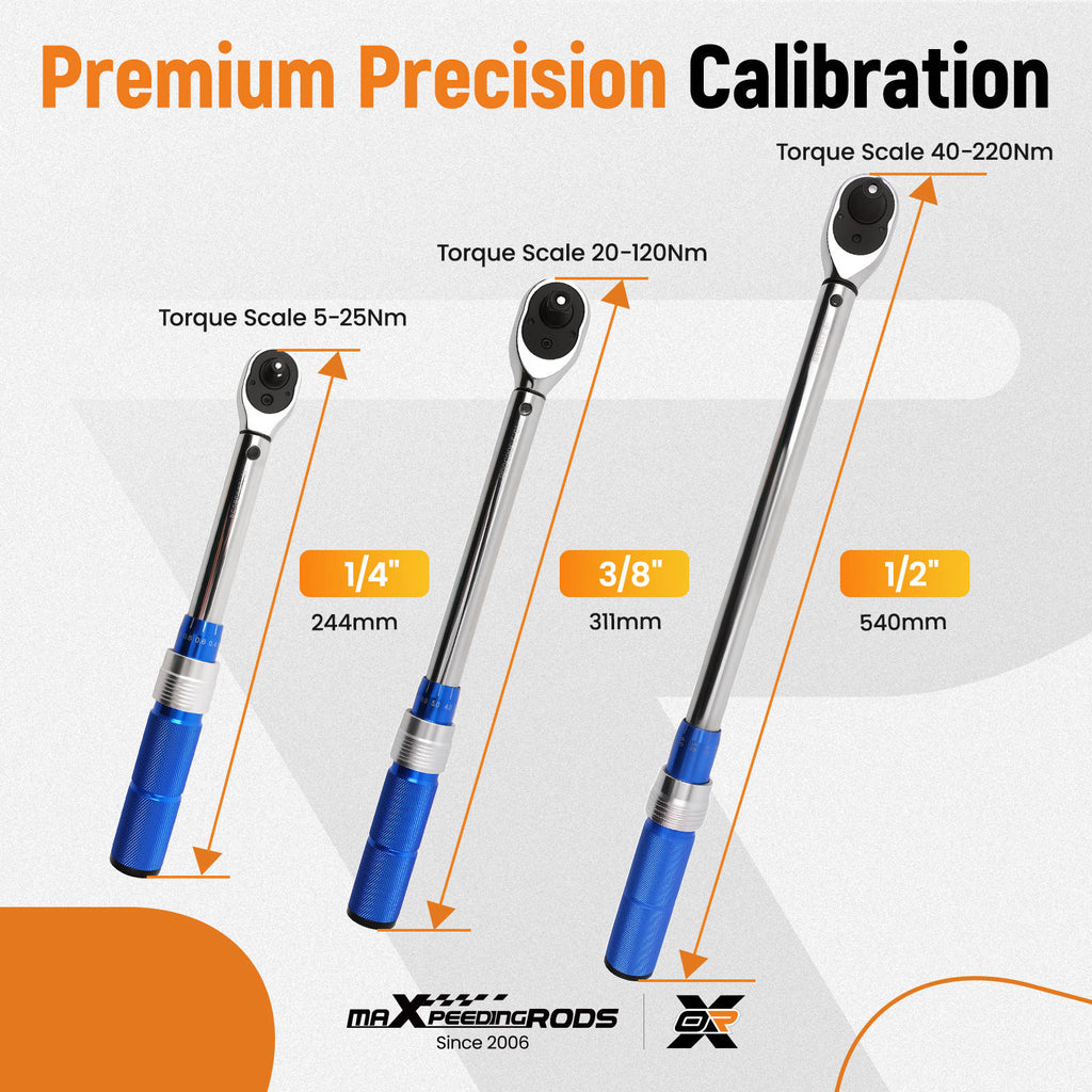 3 Piece Torque Wrench Set 1/4 3/8 1/2 Drive 5-25 20-120 40-220Nm compatible for Case