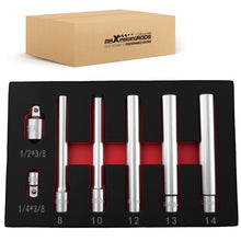 Laad de afbeelding in de galerijviewer, 3/8 Dr Deep Long Socket Set 8-14mm 120mm CR-V 6 Point 5pc w/2 Adaptors
