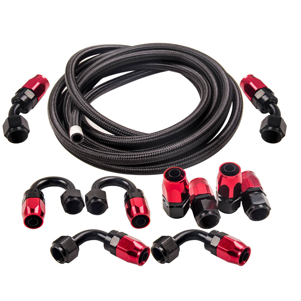 AN-8 Fitting Stainless Steel Nylon Braided Oil Fuel Hose Line 16FT Kit Red