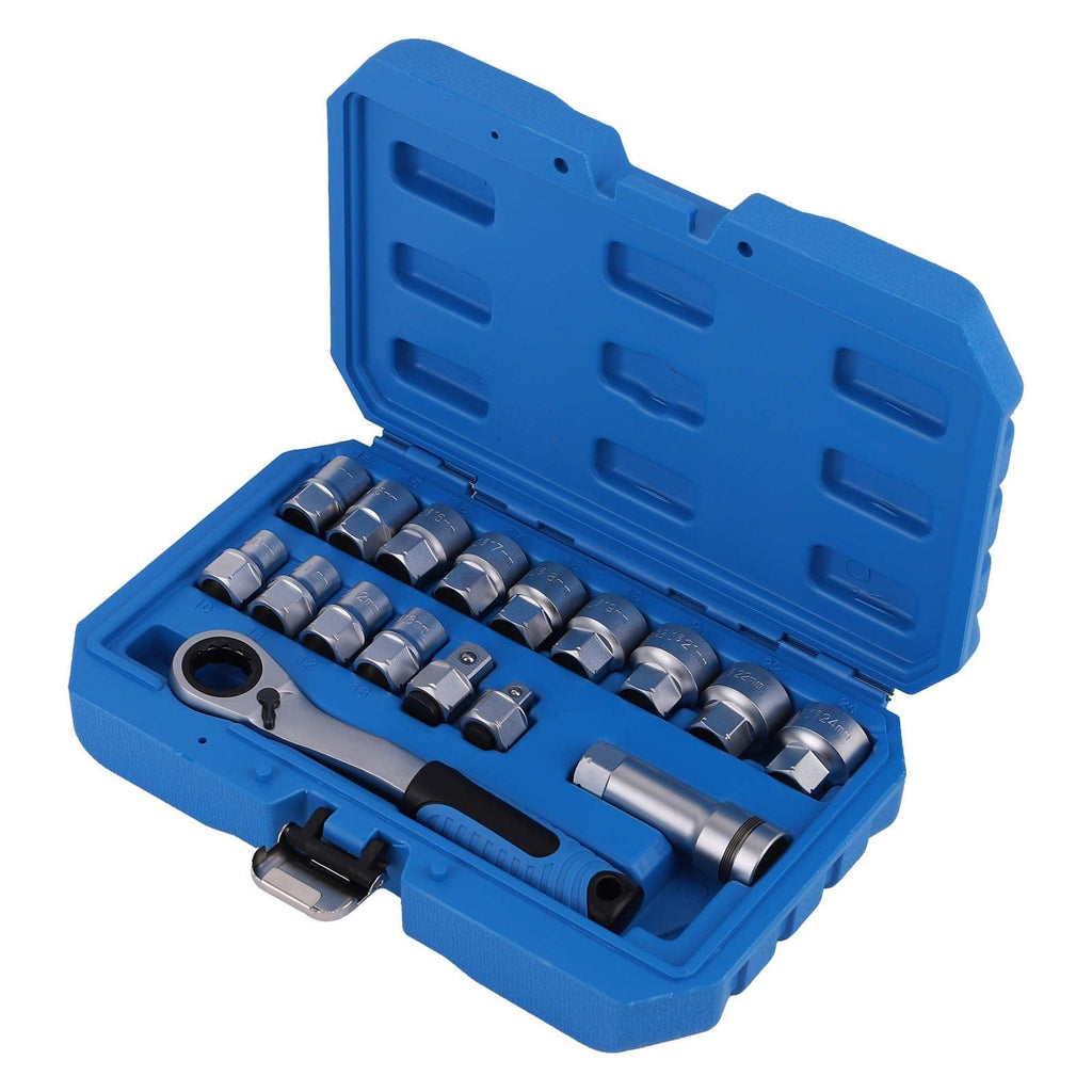 17x Pass-Through Socket Set Ratchet Box for Mechanics 10-24mm Metric