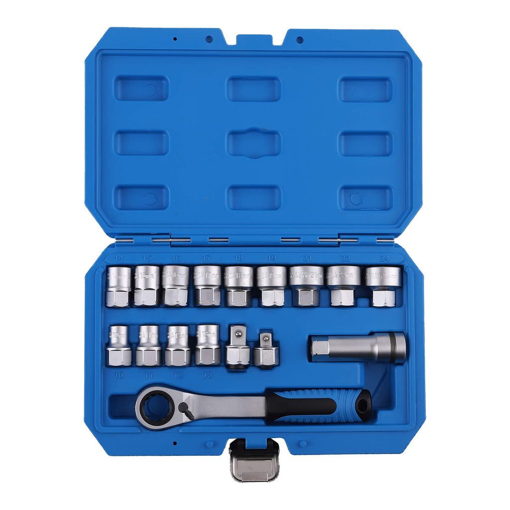 17x Pass-Through Socket Set Ratchet Box for Mechanics 10-24mm Metric