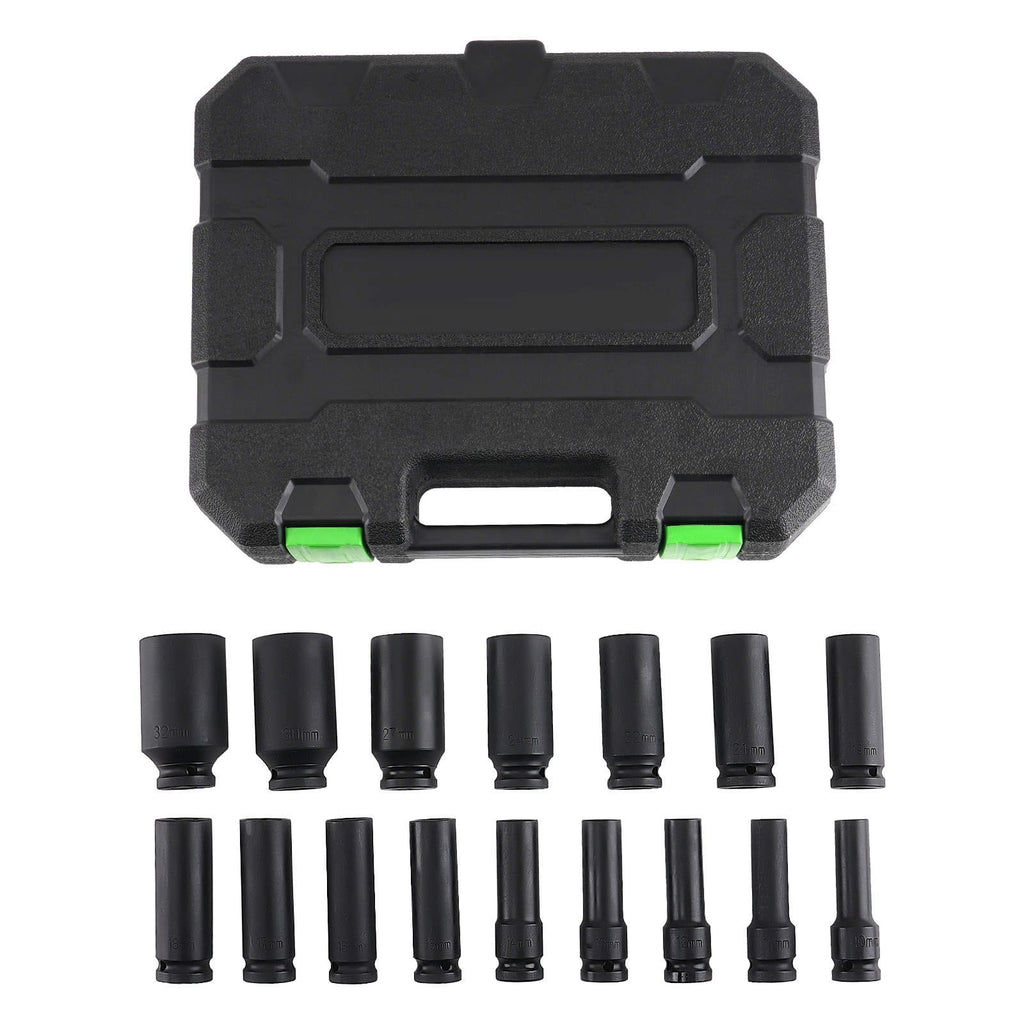 16 1/2-inch Impact Sockets 10-32mm 6-Point Deep Metric Cr-V Phosphate