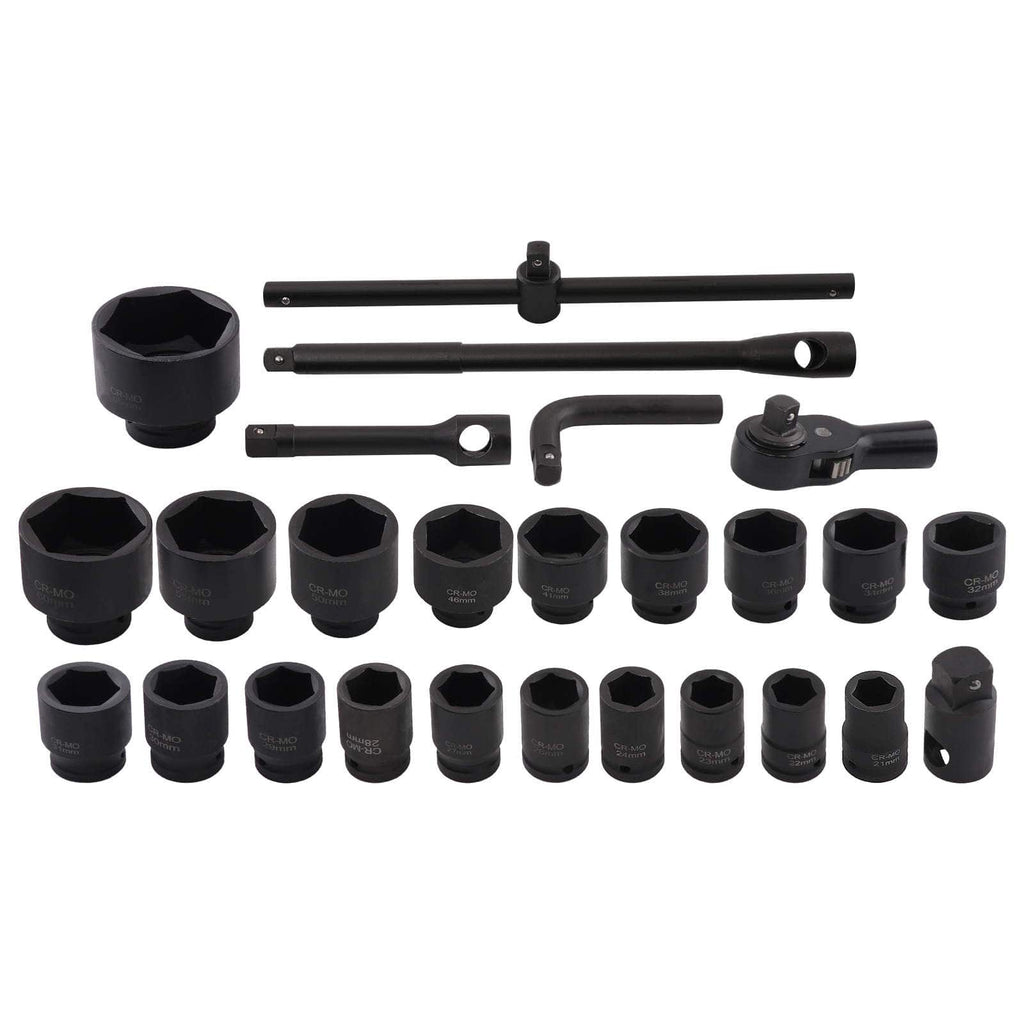 20-Piece Impact Socket Set 6PT for Mechanic Workshop 21-65mm 3/4 1 + Ratchet