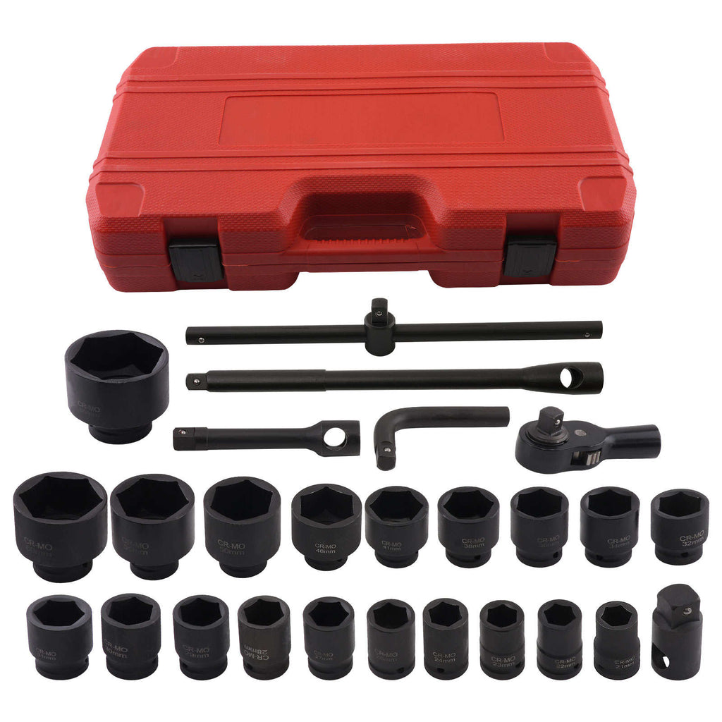 20-Piece Impact Socket Set 6PT for Mechanic Workshop 21-65mm 3/4 1 + Ratchet