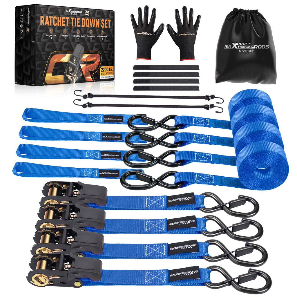 4x Ratchet Straps Truck 997kg 4.5m S-Hook Blue S-Hook with Safety Clip