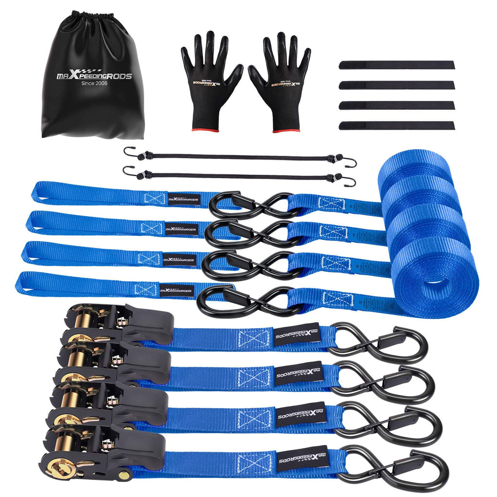4x Ratchet Straps Truck 997kg 4.5m S-Hook Blue S-Hook with Safety Clip