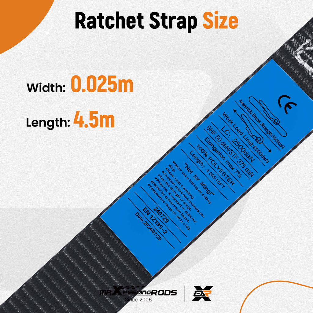 4x Ratchet Straps with Hooks Tie Down Straps Lorry 997kg 4.5m Black
