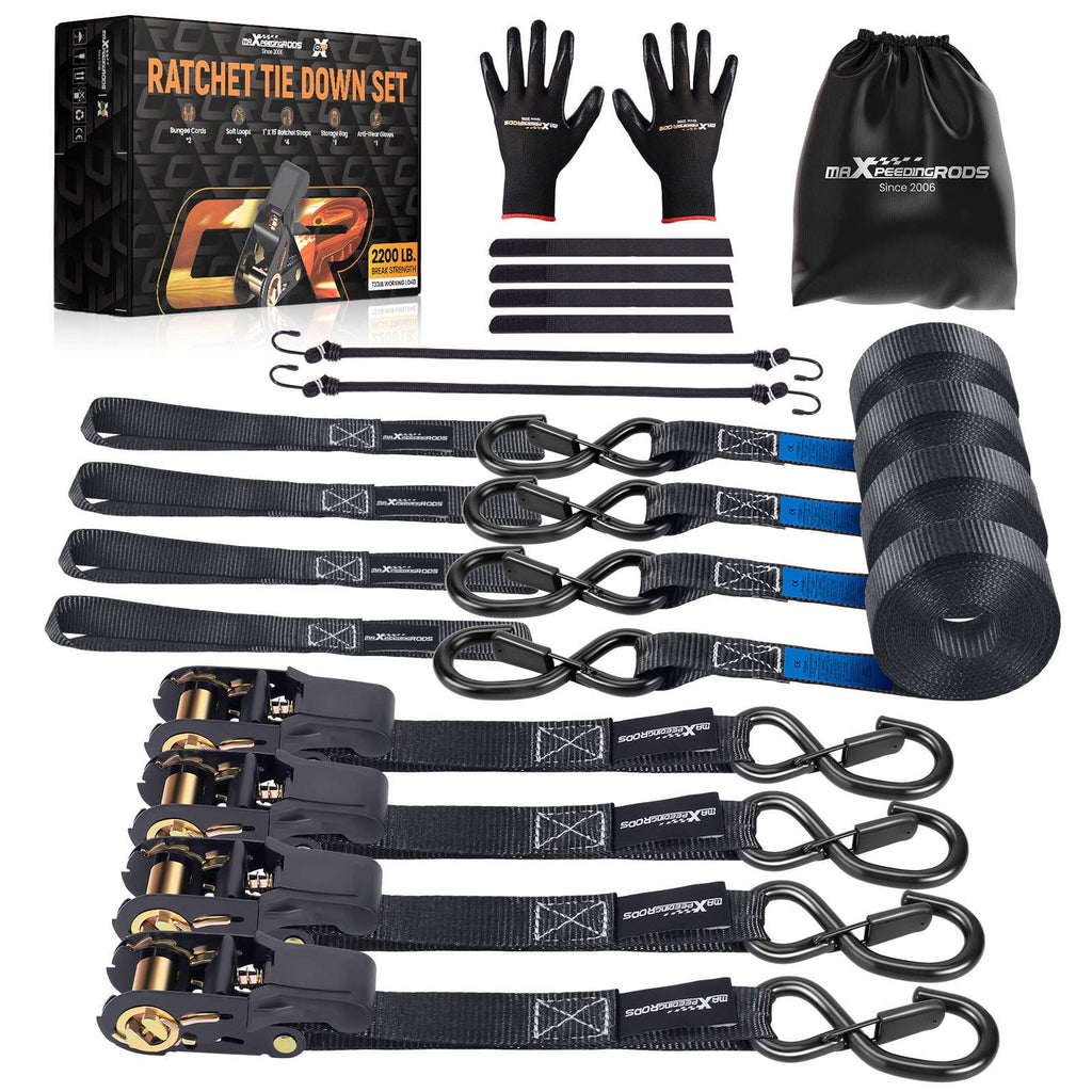 4x Ratchet Straps with Hooks Tie Down Straps Lorry 997kg 4.5m Black