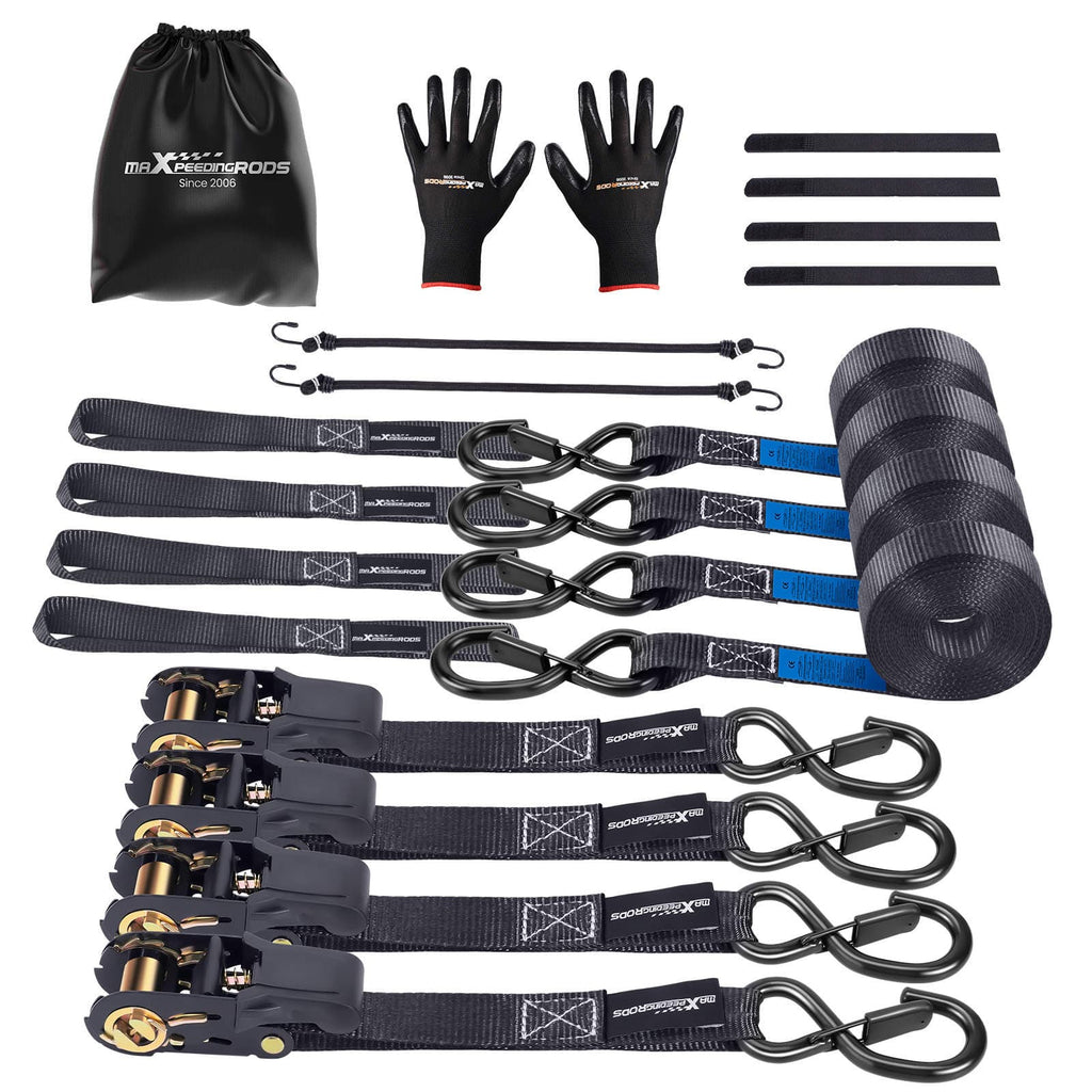4x Ratchet Straps with Hooks Tie Down Straps Lorry 997kg 4.5m Black