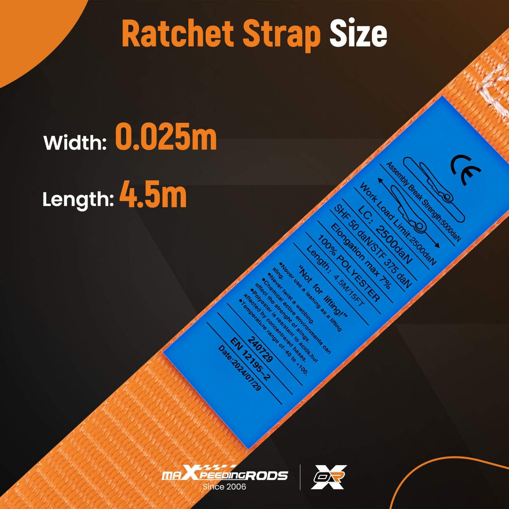 4x Ratchet Tie Down Straps with Hooks Lorry Lashing Straps 997kg 4.5m Orange