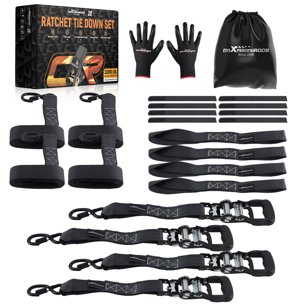 4x Ratchet Tie Down Straps Truck 5208 lb 2.4m S-Hooks Black S-Hook Safety Clip
