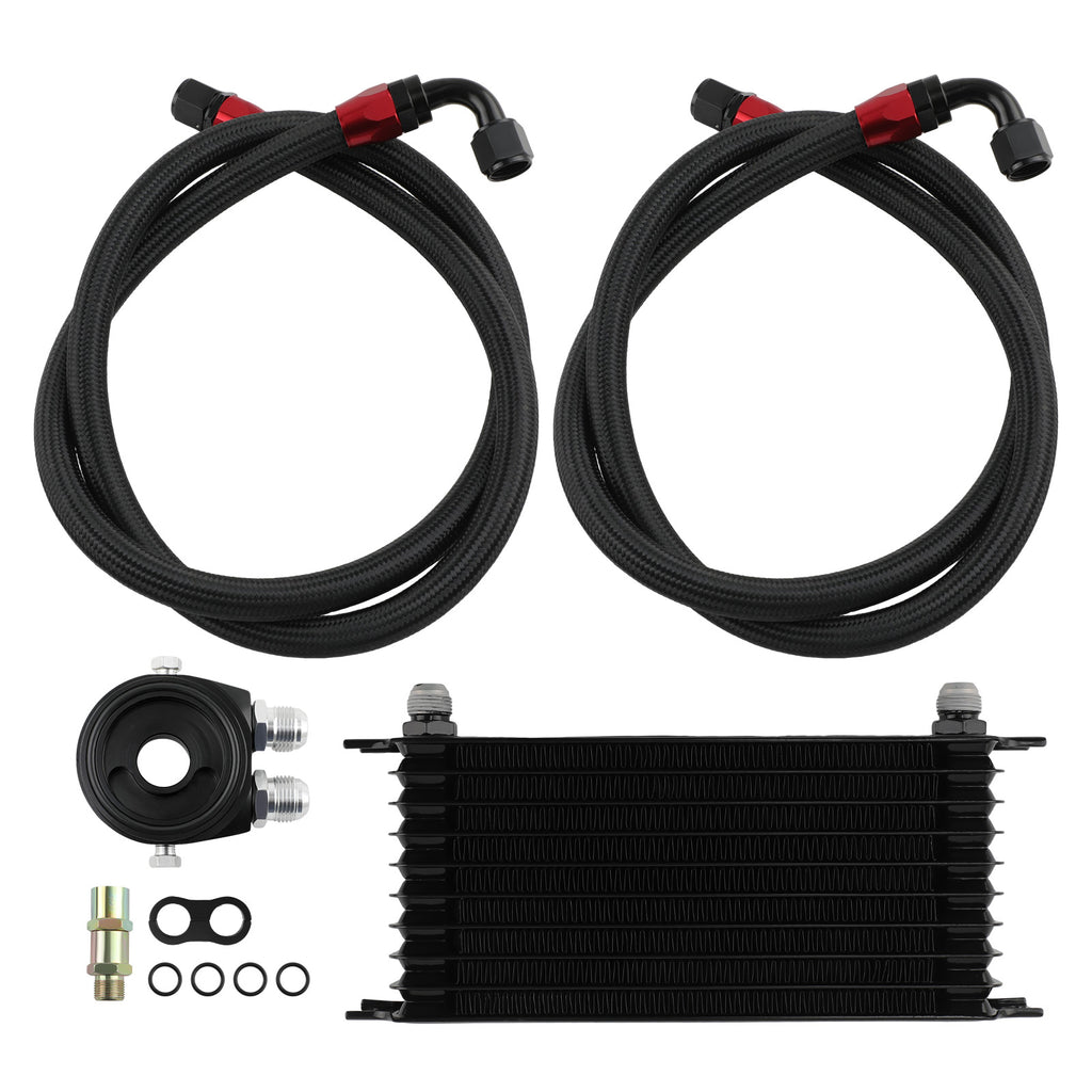 AN10 Universal 10 Row Engine Oil Cooler + Oil Lines Oil Filter Adapter Hose Kit